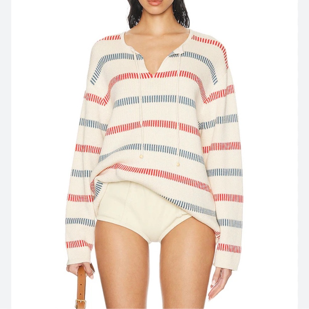 Creamon Bay Stripe Sweater Ivory Red Blue Neck Tie Nautical Cotton Boxy-Medium